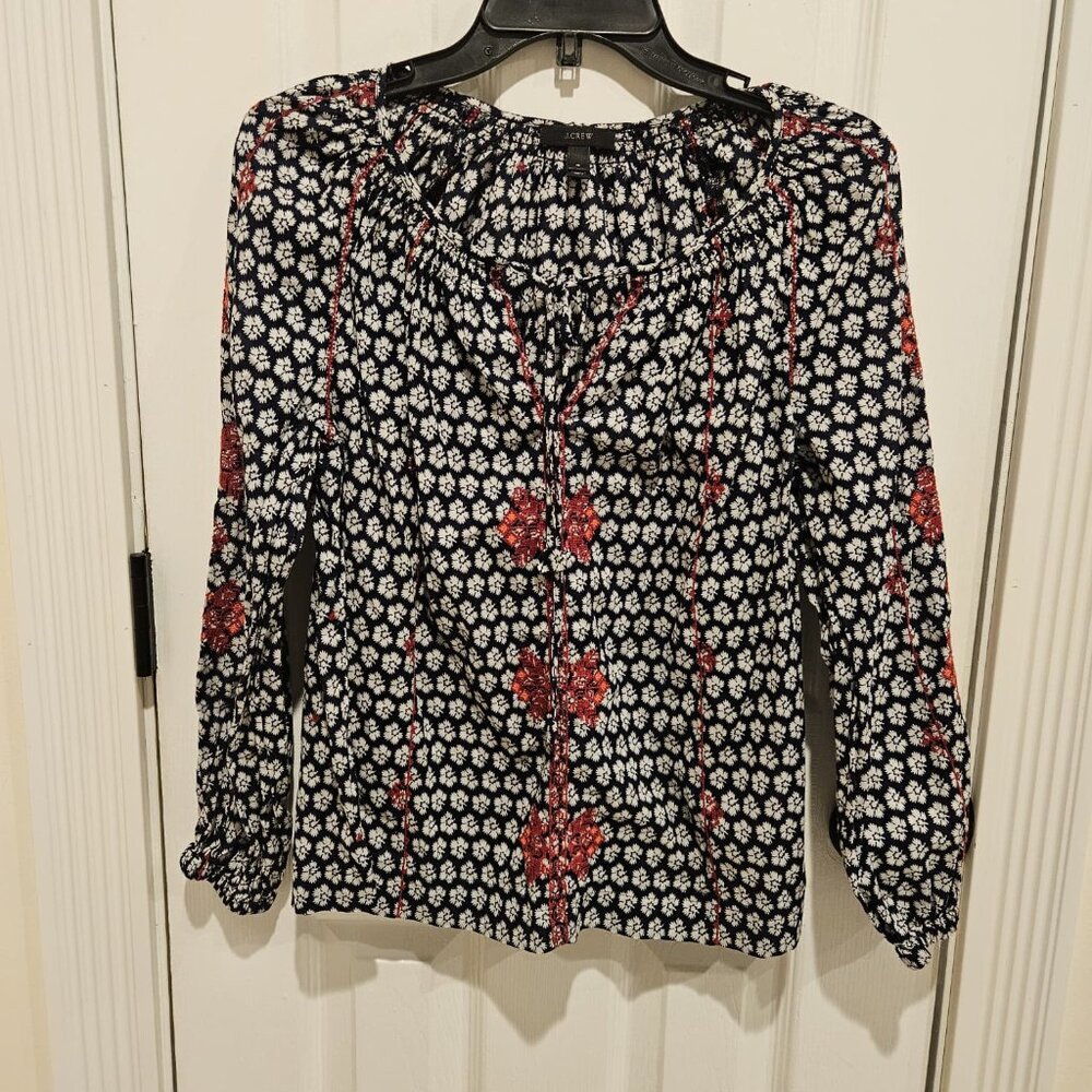 J. CREW Women’s Embroidered Tie-neck Top in Printed Indian Voile, Sz 4 G3393